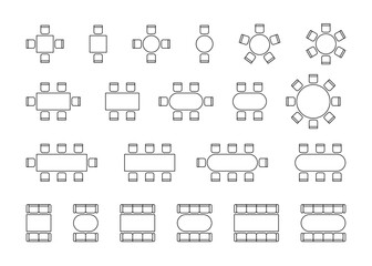 set of plan for arranging seats couch and tables in interior, layout graphic outline elements. chair