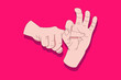 © salva - Sexual hand gesture - Hand and finger simulating intercourse and sex on bright red background. Love and education concept. Vector illustration.