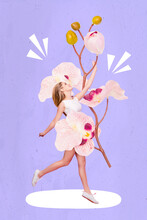 Collage 3d Image Of Pinup Pop Retro Sketch Of Charming Adorable Lady Holding Big Orchid Branch Bid Isolated Painting Background