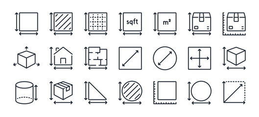 dimension, area and perimeter measure concept editable stroke outline icons set isolated on white ba