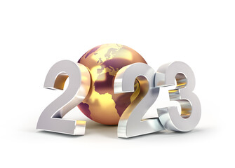 Wall Mural - 2023 New Year date number composed with a golden planet earth, isolated on white - 3D illustration