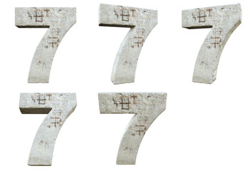 3D font with transparent background. Damaged Concrete. Number 7. 5 variants at different angles.