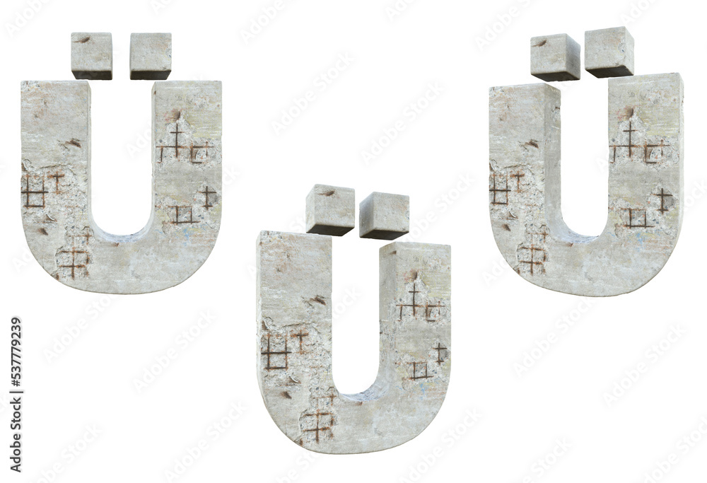 3D font with transparent background. Damaged Concrete. Letter U Umlaut ...
