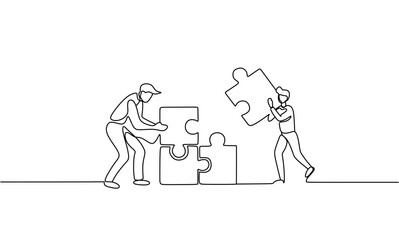 One continuous line drawing of two young businessmen push puzzle pieces to unite them as sign to start business collaboration. Modern unity teamwork concept single line draw design vector illustration