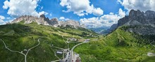 Panoramic view of the roads in Gardena Pass at the Dolomites of South Tyrol in Italy
