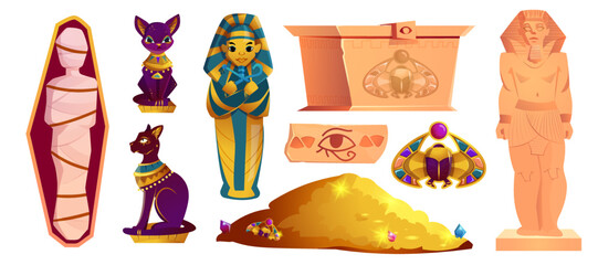 Ancient egyptian cartoon set of golden scarab beetle, bastet sculpture, sarcophagus of pharaoh, mummy, chest with treasure and gold pile. Egypt tomb, stone with hieroglyphs and statues of ancient gods