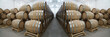 Wine or cognac barrels in the cellar of the winery, Wooden wine barrels in perspective. wine vaults. vintage oak barrels of craft beer or brandy.