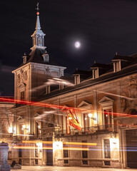 Madrid Spain; October 5, 2022: Casa de la Villa in the Plaza de la Villa. Night photography with the trails of some cars