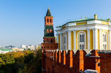 old kremlin wall and towers on red square in moscow, russia