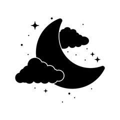 Wall Mural - Vector silhouette of the moon with black clouds and stars. For sticker design.