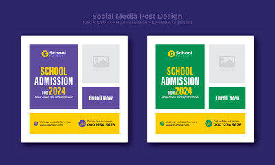 School admission social media post banner or square banner design for instagram and facebook. Back to school admission social media post template.