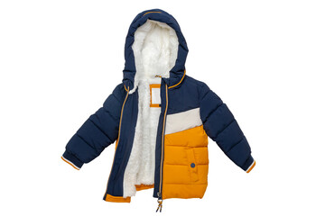 Wall Mural - Winter jacket isolated. Stylish blue yellow cosy warm winter down jacket for kids isolated on a white background. Fashionable clothing for spring and autumn.