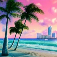 Painting of Miami beach with pink pastel tones and green palm trees near a beach