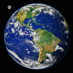 Wall Mural - planet earth globe from space, north and south america physical map with the moon on a black backgro