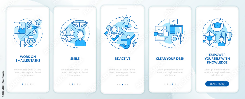 Boost self confidence at work blue onboarding mobile app screen ...