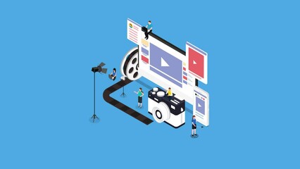 Group of people making content video on computer