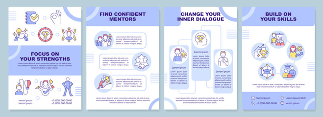 Boost your confidence at work purple brochure template. Leaflet design with linear icons. Editable 4 vector layouts for presentation, annual reports. Arial-Black, Myriad Pro-Regular fonts used