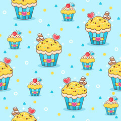 Wall Mural - Creamy cupcake cartoon vector pattern background.