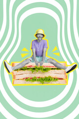 Sticker - Vertical collage picture of overjoyed excited guy sitting huge sandwich isolated on creative drawing background