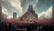 AI generated image of a very large crowd in front of an ancient medieval church for mass or a religious festival 