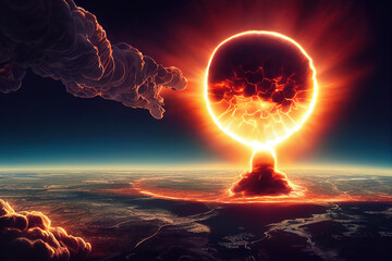 3d Rendering of concept of a third nuclear world war with giant bombs, destroying countries, continents and the earth