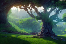 Fantasy A Giant Green Tree On The Mountain, Digital Art Painting. 3D Illustration