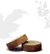 © EstúdiosFreeDomArtes - Product display podium with round wood. Front view with leaf and flower shadows.