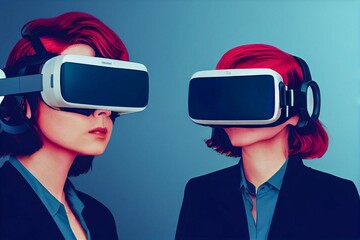 Digital 3D render of two females with VR augmented reality headsets