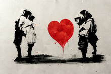 Urban Graffiti Ink Stencil Artwork Graphic Featuring People Standing Around A Red Heart. Silhouette Family Warming Themselves At A Red Heart Wallpaper. Symbolic, Metaphor Image For Love And Warmth.