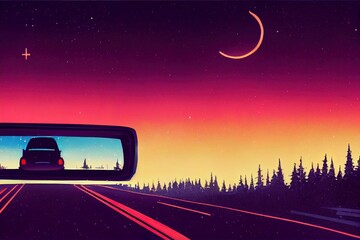 Sticker - Car dashboard with driver's hand on the black steering wheel against a winter asphalt road in motion and a night sky with a sunset