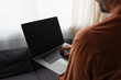 © LIGHTFIELD STUDIOS - partial view of blurred man using laptop with blank screen at home.