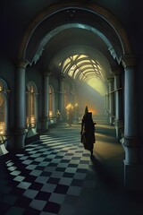 Wall Mural - Illustration of a long antique hallway with light coming from the sides and roof