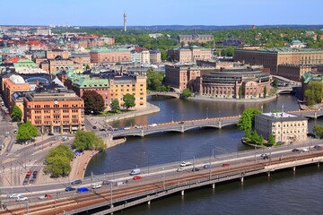 Sticker - Stockholm, Sweden. Aerial view of the city with Riksdag (parliament) building at Helgeandsholmen island.