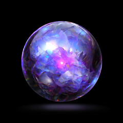 Wall Mural - Purple glass globe with crystals. Abstract crystal ball, Magic and psychic power. Mysterious magical orb.  Isolated on black background. Render