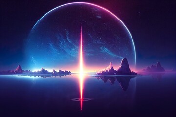 Wall Mural - futuristic fantasy landscape, scifi landscape with planet, neon light, cold planet. galaxy, unknown 