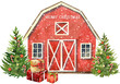 Watercolor christmas tree with wooden red barn, Farmhouse winter background