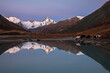 mountains glacier lake reflection horses dawn autumn