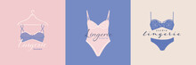 Female Logos For Lingerie Or Clothes. Lady Lace Bra, Bikini, Bodysuit. Vector Flat Simple Design Template Logos Or Emblems. 