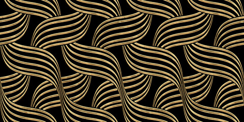 Seamless golden retro woven wavy stripe pattern. Vintage abstract gold plated relief sculpture on black background. Modern elegant metallic luxury backdrop. Maximalist gilded wallpaper 3D rendering.