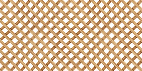 Seamless diamond grid wood lattice texture isolated on transparent background. Tileable light brown redwood, pine or oak trellis of woven diagonal boards. Wooden fence planks pattern 3D rendering.
