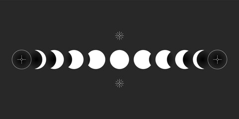 Wall Mural - moon phases sphere shadow cycle astronomy icon set. vector illustration black background