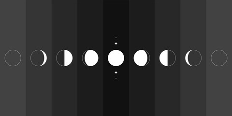 Wall Mural - moon phases sphere shadow cycle astronomy icon set. vector illustration black background