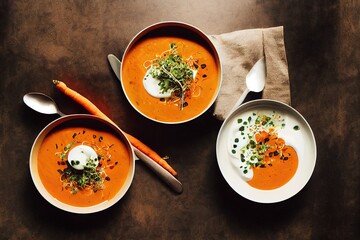 Poster - Vegetarian autumn pumpkin and carrot soup with cream, seeds and cilantro micro greens. Comfort food, fall and winter healthy slow food concept