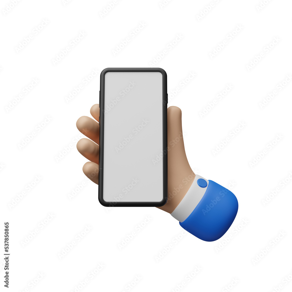 3D hand holding smartphone device touching screen with blank screen ...