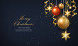 Merry Christmas composition 3D realistic golden ribbon star decoration and red bauble ball ornaments