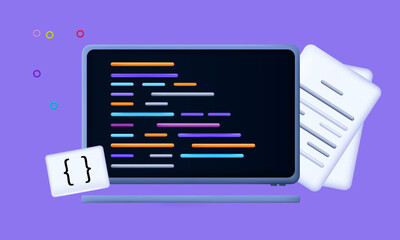 3d coding process. Software, system task, search for bugs on laptop screen. Design, model development in the workplace. Application programming process, system data, script. Vector illustration.