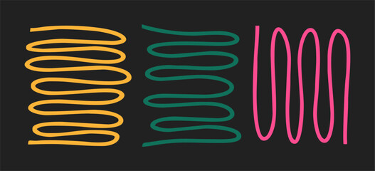 Wall Mural - Multicolored spirals, hand drawn on a black background. Bright doodles. Modern fashion illustration. Flat design, cartoon drawing, vector.