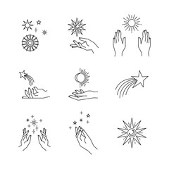 Wall Mural - aesthetic hands and cosmic and celestial elements. universal cosmos related icons. linear vector ill