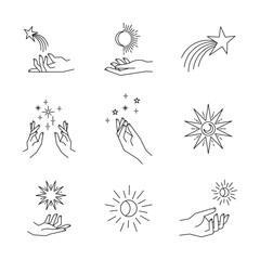 aesthetic hands and cosmic and celestial elements. universal cosmos related icons. linear vector ill