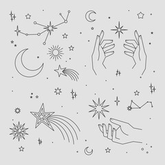 Wall Mural - mystical and celestial elements with stars, planets, moons and hands. palm and zodiac elements. occu